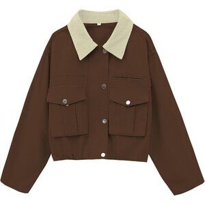 Women Coffee Cropped Utility Cargo Coat Contrast Collar Barn Outwear